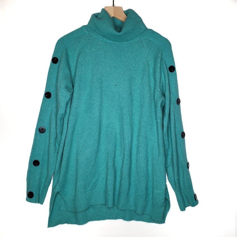 Cowl Neck Turtleneck Sweater M Aqua Teal Blue Button Sleeve Pullover Cozy Soft